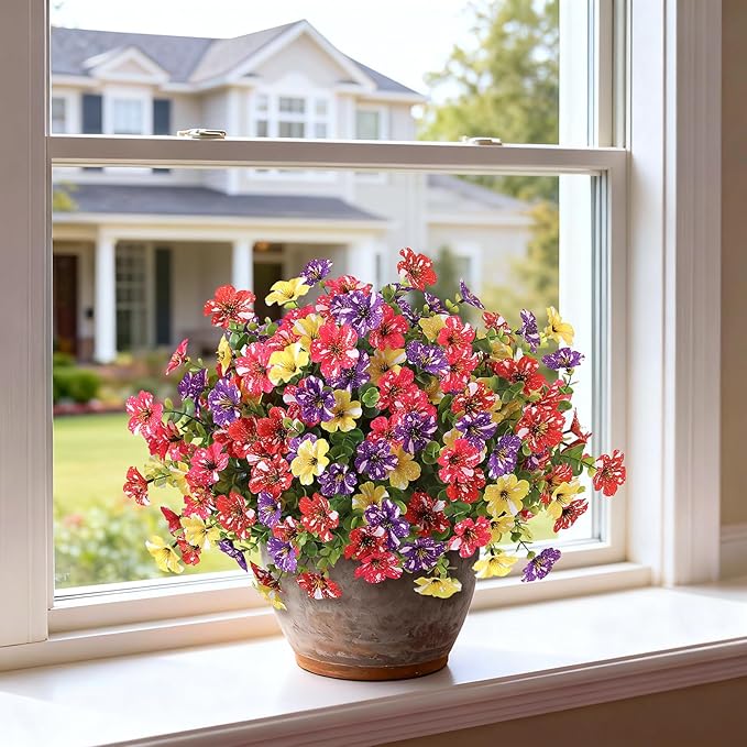 Artificial Morning Glory & Eucalyptus Topiary Trees - Set of 2 Faux Silk Flower Potted Plants, UV-Resistant Fake Outdoor Morning Glory Bushes for Front Door, Farmhouse, Garden Decor (Mixed Color)