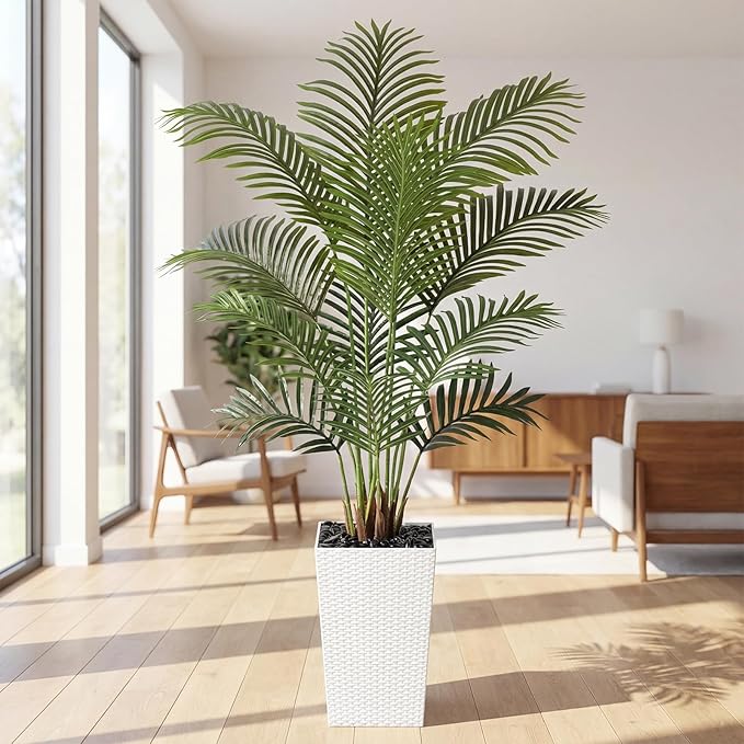 5ft Artificial Palm Tree with White Planter - Tall Fake Palm Tree Indoor Fake Tropical Plant for Home Office Living Room Bedroom Modern Decor