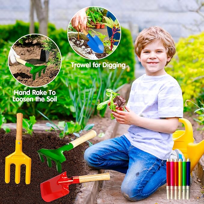 Kids Gardening Tools, Toddler Gardening Set for Kids Includes Rake, Shovel, Trowel, Apron Gloves Watering Can and Tote Bag, Spray Bottle, Kids Garden Tools Best Outdoor Toys Gift for Boys and Girls