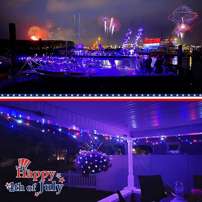 JMEXSUSS 200 LED 66ft Red White and Blue Lights Outdoor, Expandable Waterproof 4th of July Lights, 8 Modes Patriotic String Lights Plug in for 4th of July Tree Independence Day Indoor Decorations