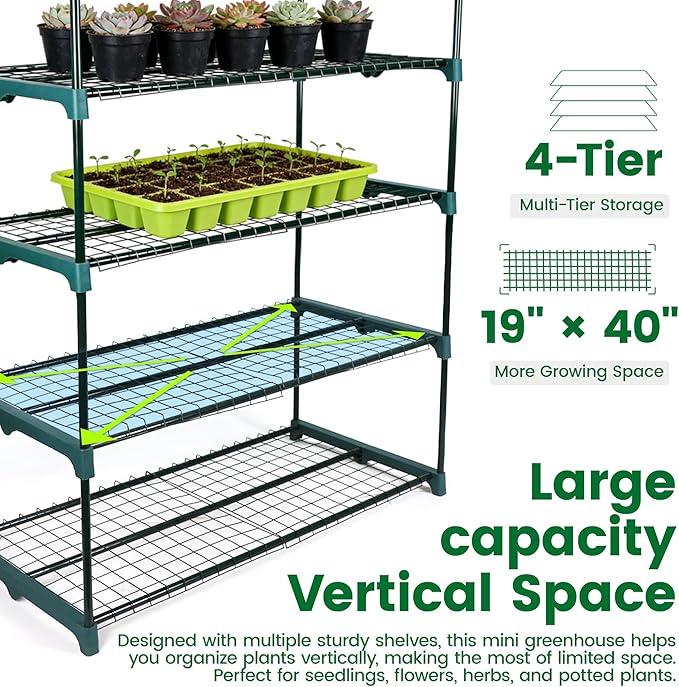 Worth Garden 50% Extra Wide Mini Greenhouse 4 Tier Portable Plant Green House 40in Wide -Sturdy Gardening Shelves with PVC Cover - Indoor & Outdoor Wheatgrass Growing - 19″x40″x63″