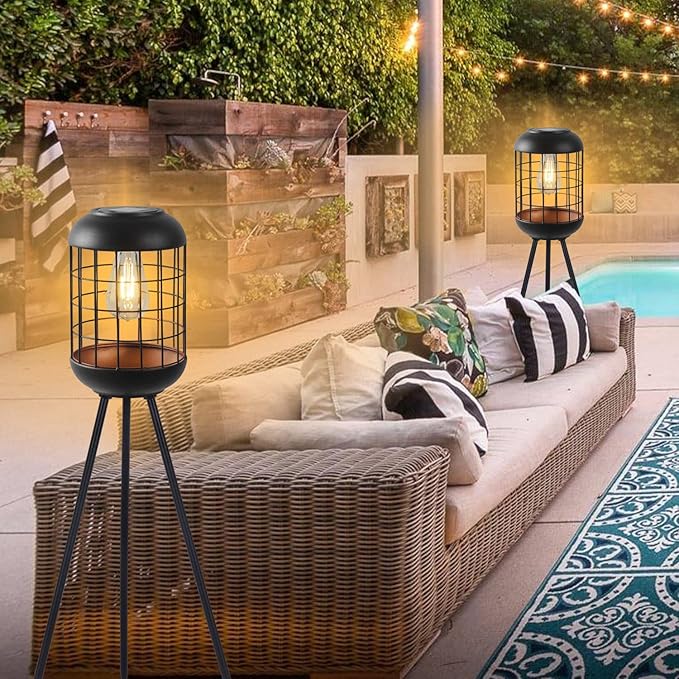 Solar Floor Lamp Outdoor Large Lanterns for Patio, Waterproof Big Solar Lamp Outdoor Metal Tripod Solar Lights for Deck Lawn Yard or Porch Decor(Black)
