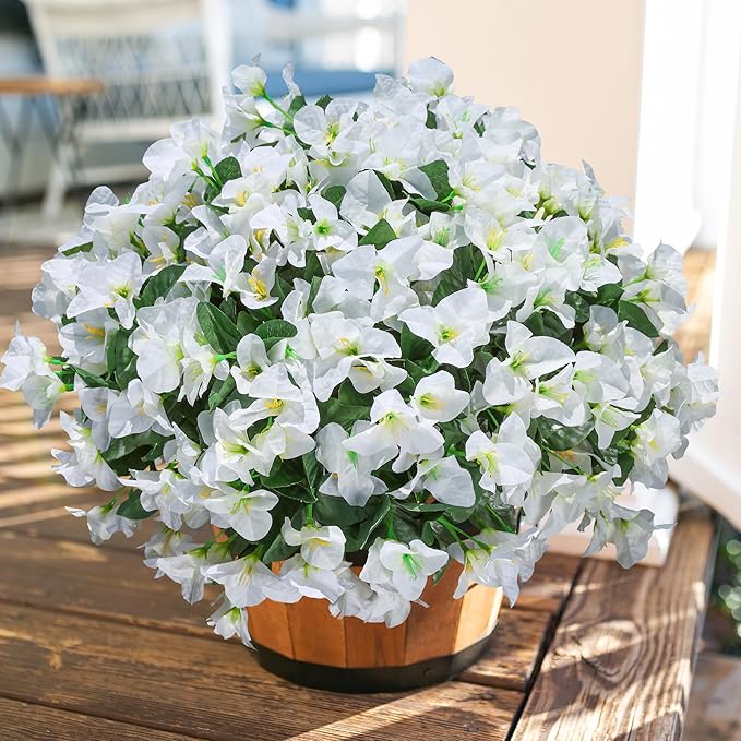 Ivydale Bougainvillea Artificial Flowers for Outdoors Spring Decor, 4 Bundles White Fake Outside Flowers Silk UV Resistant Realistic Faux Plants for Outdoor Planters Porch Patio Window Garden