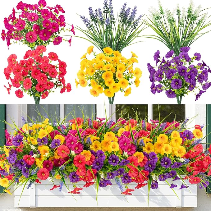Artificial Flowers for Outdoors, Artificial Petunias Paired with Lavender UV Resistant Plastic Flower,Spring Flowers Used for Hanging Flower Pots, Porch Windows,Weddings Decorations (12 PCS)