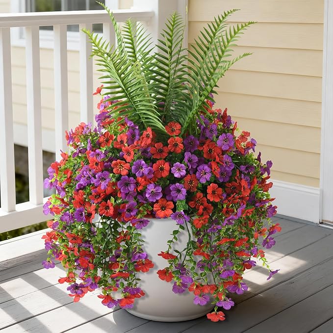 INQCMY Artificial Fake Hanging Flowers with Fake Fern for Outdoors UV Resistant Artificial Plants Spring Decor Look Real Faux Flowers for Outside Home Planter Porch Patio Decor