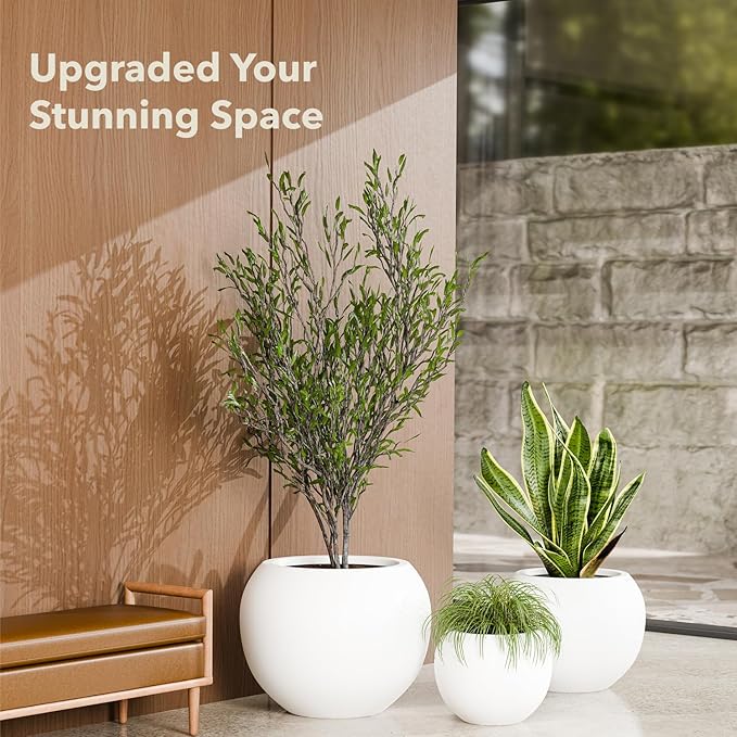 16" H x 20" D Premium Globo Fiberstone Round Planter with Drainage Hole, Smooth Finishes, Weather Resistant for Indoor and Outdoor Use, Included 2 Extra Coco Mats (White, 13.5" Pot Opening)