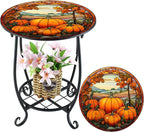 Outdoor Side Table Round Small Mosaic Patio Accent Indoor End Plant Coffee Tea Table for Yard Patio Porch Garden Living Room, Bedroom(Pumpkin Style,14 Inch)
