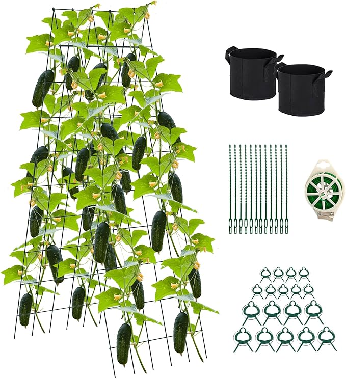 Foldable Cucumber Trellis 64" H x 20" W, A-Frame Garden Trellis for Raised Bed, Outdoor Climbing Plant Support with Twist Ties & Plant Bags for Climbing Plants Outdoor