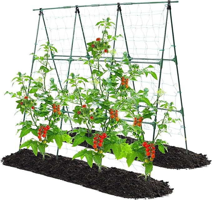 OTOSUNNY Garden Trellis for Climbing Plants Outdoor, Cucumber Trellis for Raised Bed Garden, A Frame Vine Plants Support for Vegetable Tomatoes Peas Pole Beans Trellis, 50x48 inch, with Netting, Green