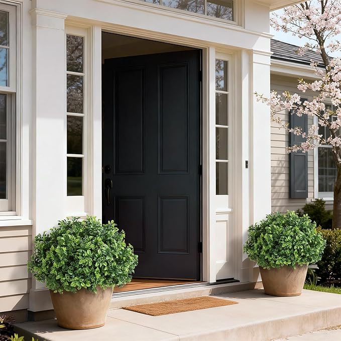 Set of 2 Artificial Boxwood Topiary Ball Trees for Front Door - Realistic Faux Aglaia Odorata Bush with Pot, Fake Eucalyptus Leaves Potted Plants for Porch Farmhouse Outdoor Decor (Green)