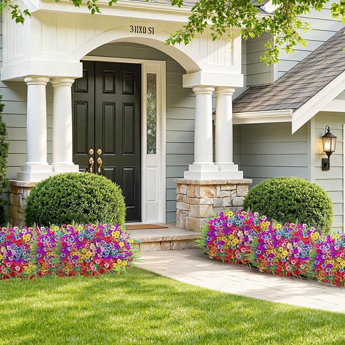 Alupssuc 48 Bundles Artificial Flowers for Outdoors Planters Spring Decoration, UV Resistant Faux Eucalyptus Violet and Lavender Silk Fake Plants for Outside Indoor Yard Home Patio Decor, Mix 6 Colors