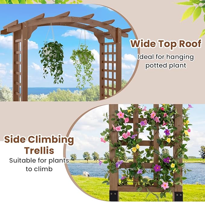Giantex 7.5FT Wood Garden Arbor Trellis, Wooden Wedding Arch for Ceremony Party, Outdoor Archway Pergola for Climbing Plants, Pathway, Yard, Garden Decor, Easy Assembly (Dark Brown, 63''W x 90''H)