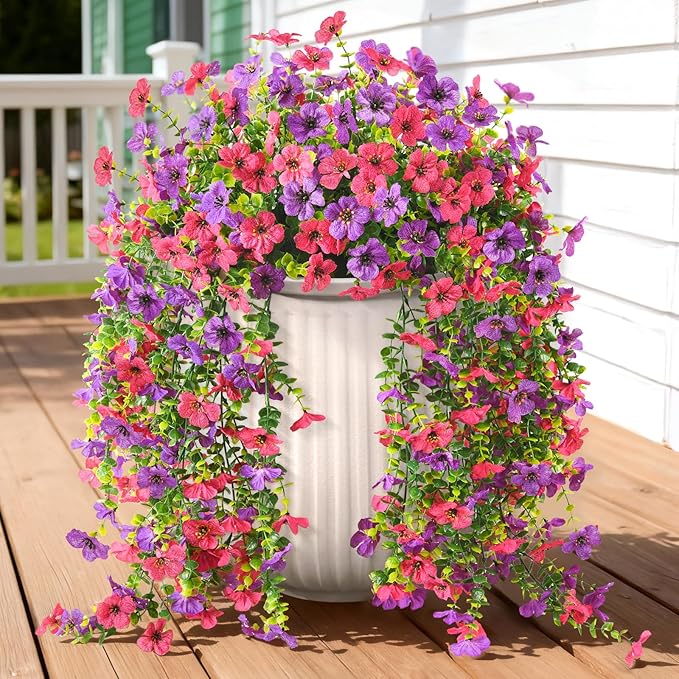 Artificial Hanging Flowers for Outdoors, 2 Pcs Fake Hanging Plant Spring Summer Decoration, UV Resistant No Fade Faux Silk Daisy Flower for Planter Porch Patio Yard Garden Decor(Purple Hot Pink)