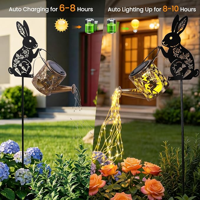 LOVERUIS Garden Statues Bunny with Solar Watering Can Lights, Cute Outdoor Bunny Figurines Garden Decor for Patio Yard Lawn Ornaments, Unique Gift for Women Mom
