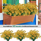 Lnoicy 12 Pcs Artificial Flowers for Outdoor,Plastic Flowers Decoration, UV Resistant Faux Flowers Shrubs, Artificial Plants for Indoor Outside Garden Home Wedding Farmhouse(Yellow)