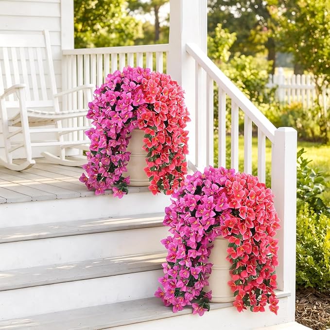 ATTGREAT Artificial Bougainvillea for Outdoors Faux Plants UV Resistant Flowers Fake Plastic Plants Realistic Silk Flowers for Porch Planter Garden Hanging Decoration, 2Pcs(Purple Red & Rose Red)