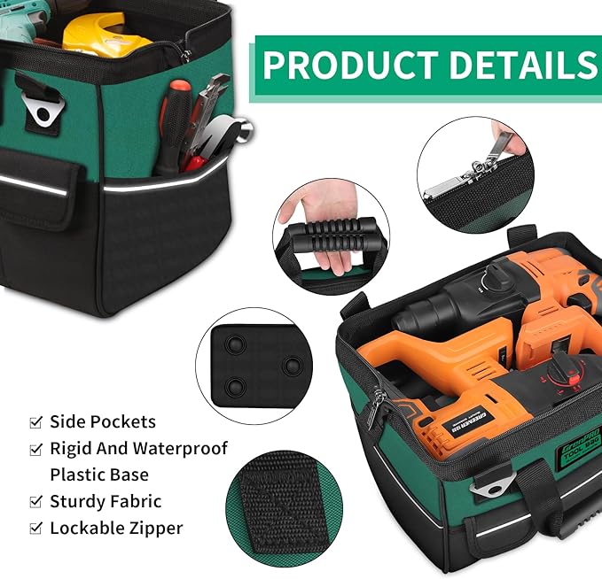GrenPRO Tool Bag Organizer for Men, Wide Mouth Small Tool Bags,13.5 Inch Soft Handle Toolbox Organizer Storage, Large Zipper Electrician Tool Bag