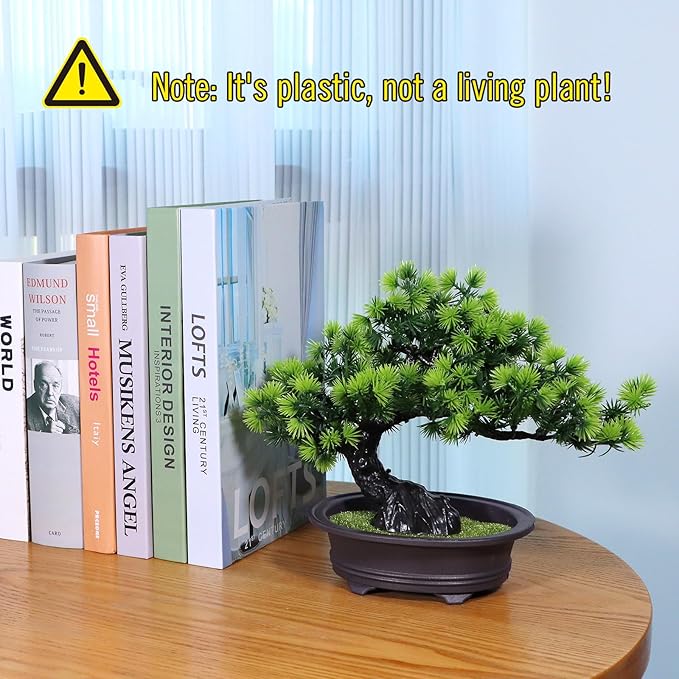 Artificial Bonsai Tree Fake Plants for Home Decor, Living Room Bathroom Bookshelf Entryway Table Wall Shelf Modern Farmhouse Decor, 9.5" Tall, Green