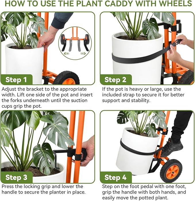 Plant Caddy with Wheels, Heavy Duty Rolling Plant Dolly, Potted Plant Mover with Adjustable Grabbing Arm & Suction Cups, Garden Pot Mover Trolley Cart with Strap for Indoor Outdoor Planters
