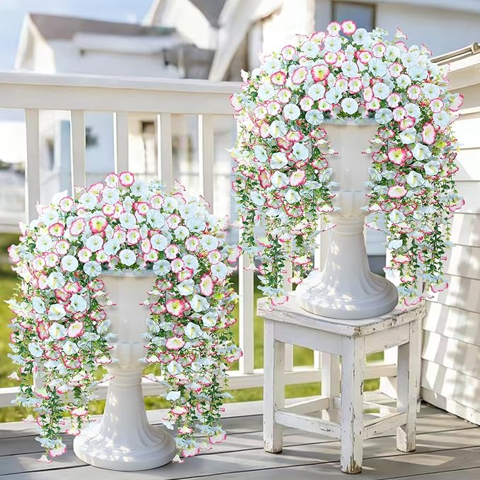 Artificial Hanging Flowers for Outdoors, 4 PCS 600 Blooms UV Resistant Morning Glory Faux Silk Vines, No-Odor Realistic Fake Plants for Garden Planter Porch Patio Decoration, Blue & White