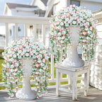 Artificial Hanging Flowers for Outdoors, 4 PCS 600 Blooms UV Resistant Morning Glory Faux Silk Vines, No-Odor Realistic Fake Plants for Garden Planter Porch Patio Decoration, Blue & White