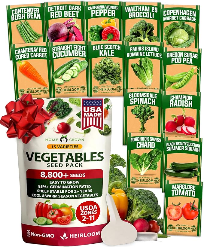 HOME GROWN 15 Variety Survival Seed Vault 7,000+ Heirloom Non-GMO Vegetable Seeds for Planting, High Germination, Complete Garden Starter Kit, Prepper Survival Gear, Indoor Outdoor