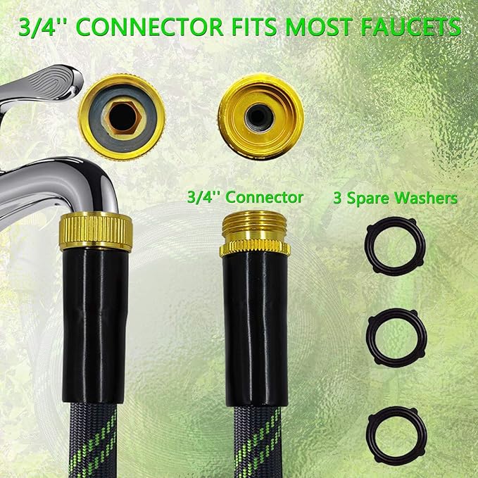 Garden Hose 25 FT, NON-EXPANDABLE Heavy-Duty Flexible & Lightweight Water Hose with 10-Function Nozzle, No-Kink, Leak-Proof Super Fabric, Solid Fittings for Lawn, Car, Outdoor (Black Green)