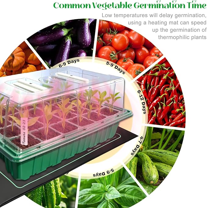 Seed Starter Tray with Grow Light and Heat Mat, Seed Starter Kit with Humidity Dome and Timing Controller, Adjustable Vent and Brightness, Ideal Germination Tray for Seed Starting and Seedling Growing