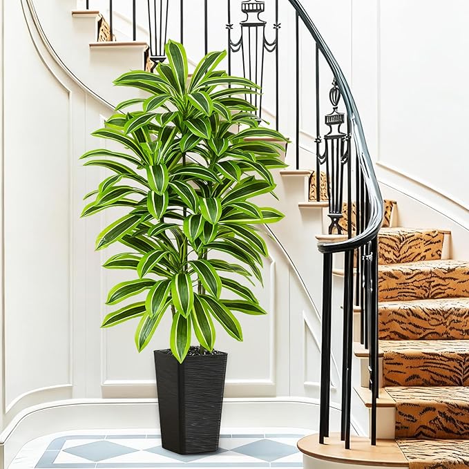 Artificial Yellow Dracaena Tree - 5FT Tall Fake Plants with Black Planter - Artificial Plants Indoor Floor Plant in Pot - Large Tropical Fake Yucca Potted Tree for Home Office Living Room Decor