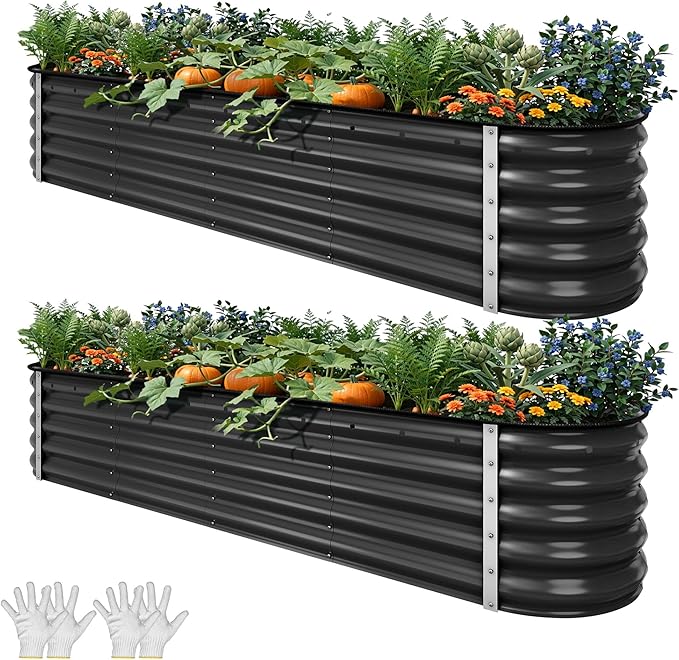 YITAHOME 8x2x1.5ft Large Raised Garden Bed Kit, 17" Tall 9 in 1 Galvanized Metal Planter Box with Gloves & Safety, Outdoor Above Ground Planters for Plants Vegetables Flowers, Black
