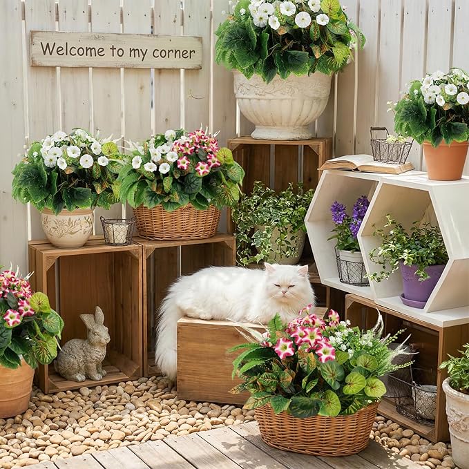 HOHOTIME Artificial Plants Outdoor, Realistic Faux Greenery & Flowers UV Resistant Fake Plastic Begonia Morning Glory Eucalyptus Fern for Outdoor Decorations Patio Garden Front Porch Yard Decor