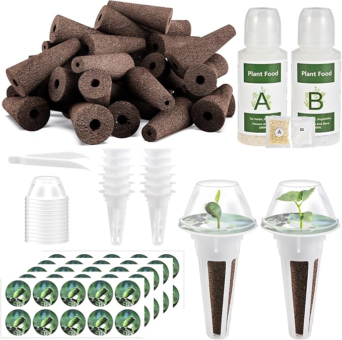 Tigvio 126 Piece Hydroponic Pods Kit: Grow Anything with 30 Grow Sponges, 30 Baskets, 30 Domes, 30 Labels, 4 A&B Plant Food, 1 Tweezer - Compatible with All Hydroponics Brands