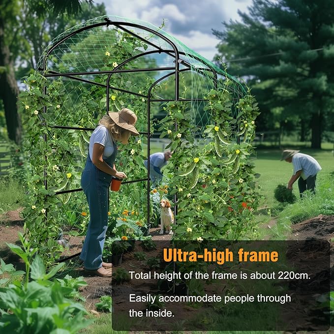 unho 87inch Metal Garden Trellis Arch for Climbing Plants - Polyethylene-Coated Anti-Rust, Heavy Duty, Wide Walk-Through Outdoor Arch with Net, for Cucumber Tomato Squash Zucchini Peas Grape Flowers
