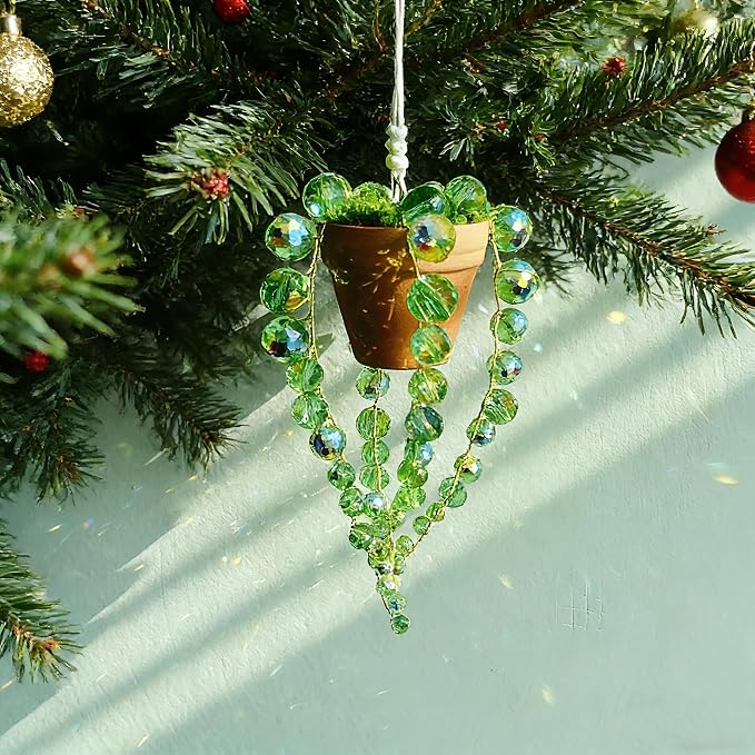 Bling Suncatcher String of Beads Plant Hanging, Handcrafted Crystal Succulent Sun Catchers for Window Hanging, Gardenn Crystal Sun Catcher Plant Lover Gift Mom Gifts (Green)