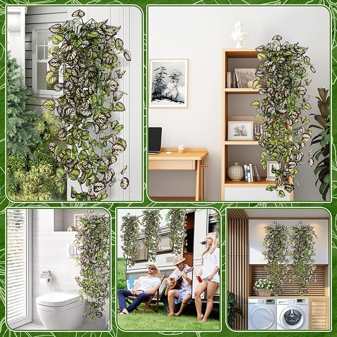 2-Pack Fake Hanging Plants, Faux Hanging Plant Artificial Greenery for Living Room Bedroom Boho Wall Shelf Indoor Outdoor Decor (Purple Feather Leaf)