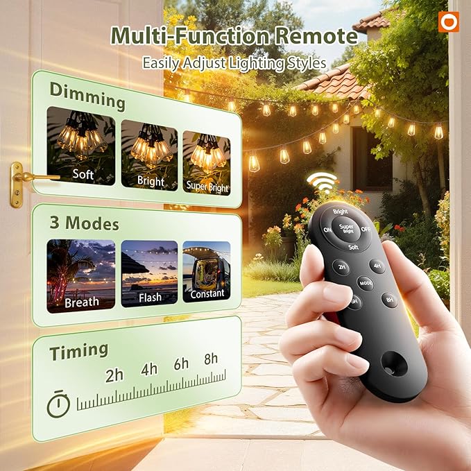 addlon 102(96+6) FT Solar String Lights Waterproof,Patio Light Solar Powered with Remote & USB Port 3 Modes, 30+2 LED Shatterproof Bulbs Outdoor Lighting for Camping Backyard Garden
