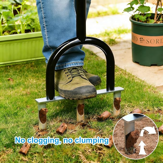 Manual Lawn Aerator Tool, Hollow Tines Plug Lawn Core Aerator, Heavy Duty Hand Soil Aerator Tool with Adjustable Handle, Grass Aeration Garden Tools for Lawn Care, Compacted Soil, Yard