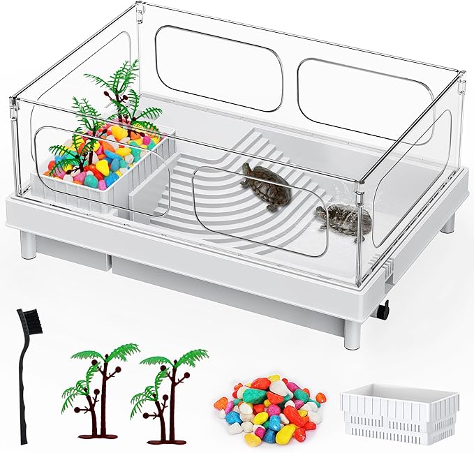 Turtle Tank - Starter Aquarium with Brush, Easy to Install & Clean, for Turtles, Crabs, Small Reptiles