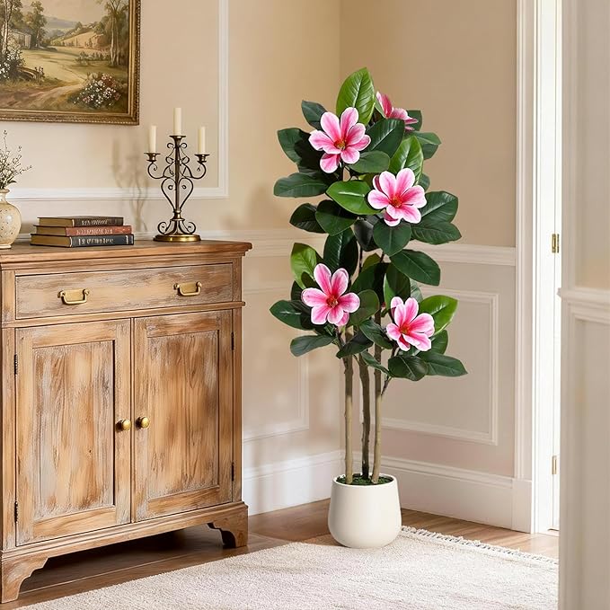 Fiddle Leaf Fig Tree 4FT Tall Artificial Plant, Large Fake Tree in White Planter, Faux Rubber Tree Fake Floor Plant with Magnolia Flowers - Artificial Tree for Home Office Living Room Decor, Pink