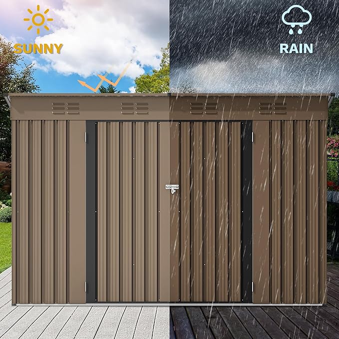 DWVO 9 x 4' Outdoor Storage Shed, Large Metal Tool Sheds, Heavy Duty Storage House with Lockable Doors & Air Vent for Backyard Patio Lawn to Store Bikes, Tools, Lawnmowers, Brown