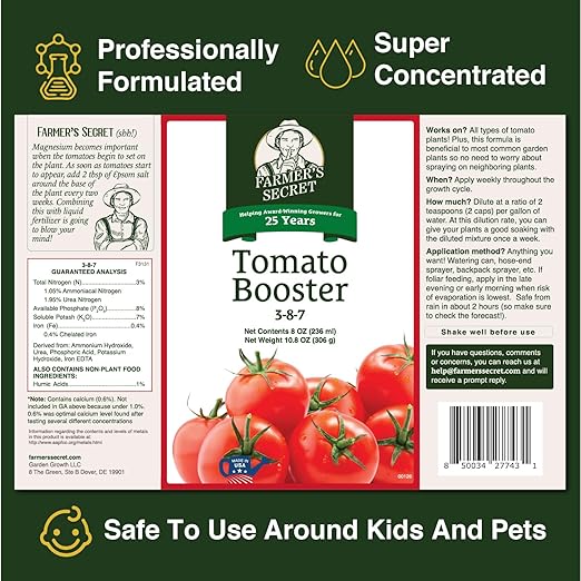 Farmer's Secret Tomato Booster Fertilizer - Super Concentrated - 3:8:7 Ratio Fortified with Humic Acid, Iron and Calcium - Grow More Tomatoes (8oz)