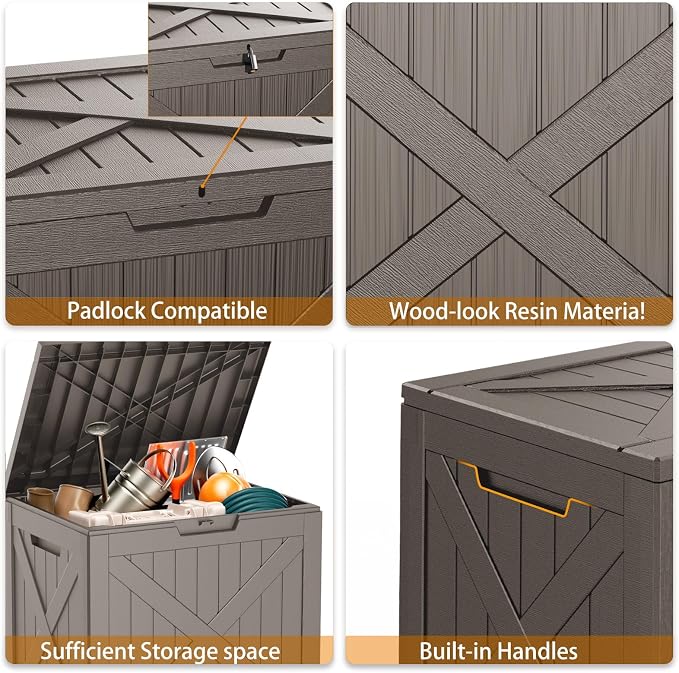 32 Gallon Deck Box, Waterproof Outdoor Storage Boxes For Garden Tools,Indoor Cushions,Accessories Outside Storage Resin Lockable Weatherproof Container(Grey)