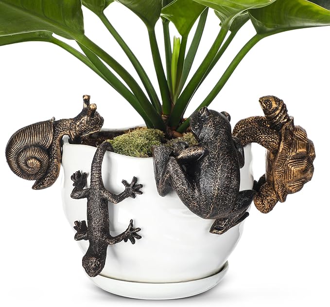 Weysat 4 Pcs Vintage Resin Frog Tortoise Snail Gecko Planter Pot Hugger Figurine Flower Pot Animal Climbing Statue Vase Miniature Fairy Garden Terrarium Decor Patio Lawn Yard Outdoor Fence Hanger