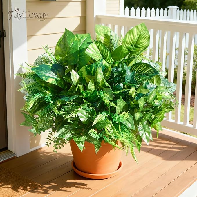 24 Bundles Artificial Plants Outdoor,UV Resistant Fake Greenery Stems with Large Shrubs Faux Plastic Plant for Outside Front Porch Planters Garden Window Box Patio Decor(Pot Not Included)