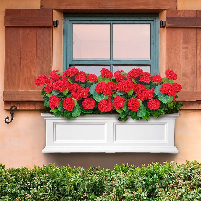 Fake Outdoor Flowers, 8 Pcs Artificial Flowers For Outdoors, Red Artificial Geraniums Plastic Flowers, Fake Plant For Outside, Silk Faux Flowers For Outdoor Planters UV Resistant For Front Porch