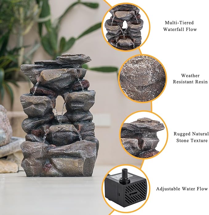 Solarbloom 18.9" H Water Fountain Outdoor/Indoor, 4-Tier Spiral Cascading Stacked Garden Fountain with LED Lights, Resin Waterfall Feature for Patio, Garden, Backyard, Deck, Home Decor
