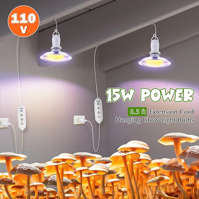 Meonum Mushroom Grow Light with 3/6/9 Hour Timer, 360° LED Hanging Grow Lights Bulb for Mushroom with 6.5ft Extension Cord, 6000K Blue&5000K White Lamp for Indoor Plants Growing Kit Supplies (1 Pack)