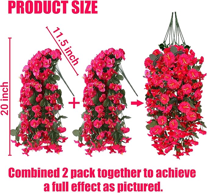 Sggvecsy Artificial Fake Hanging Flowers Plants for Outdoor Outside Spring Summer Decoration 4PCS Faux Silk UV Resistant Realistic Morning Glory Trailing Vines for Home Porch Patio Balcony(Rose red)