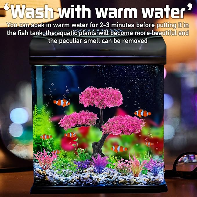 Ameliade Aquarium Artificial Plastic Plants Decoration, Pink Cherry Blossom Tree Aquarium Decor Set, Goldfish Betta Fish Tank Decorations Hides Accessories（Pink