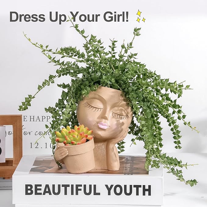 vomiceak Face Planters Pots Head Planter for Indoor Outdoor Plants - Cute Plant Pots for Flower Succulent with Drainage Hole - Gift Ideas for Mother (Khaki Lady)